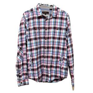 Ben Sherman Mens‎ Button Front Long Sleeve Cotton Pink Blue Plaid Shirt Large L